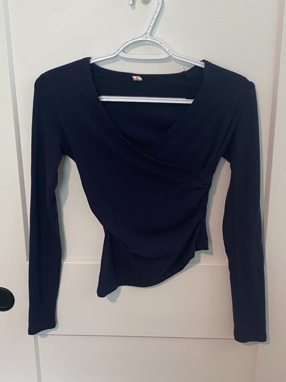 Darong Navy Ruched Asymmetrical Top XS | Long Sleeve Slim Fit Wrap Style Shirt - Picture 6 of 7